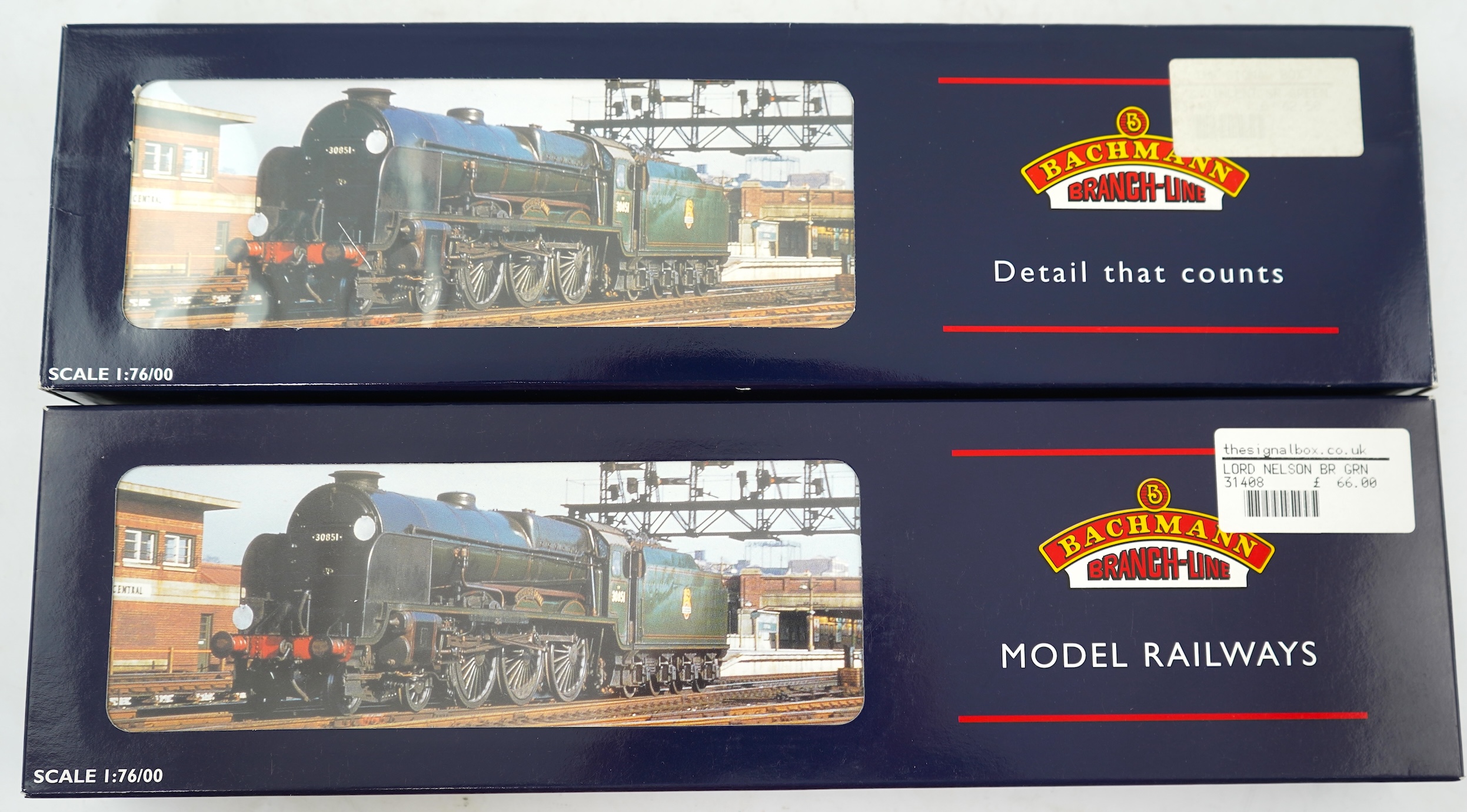 Two boxed Bachmann Branchline 00 gauge railway Lord Nelson Class tender locomotives; an SR Lord St. Vincent 856, (31-407), together with a BR Lord Nelson 30850, (31-408)
